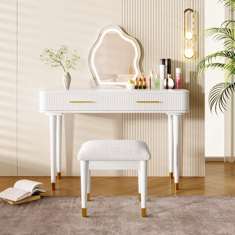 Modern Vanity Table Set With Mirror Touch Screen Lighted Mirror, Dressing Table And Cushioned Stool Set With 2 Large Drawers - White - Furniture Home Direct