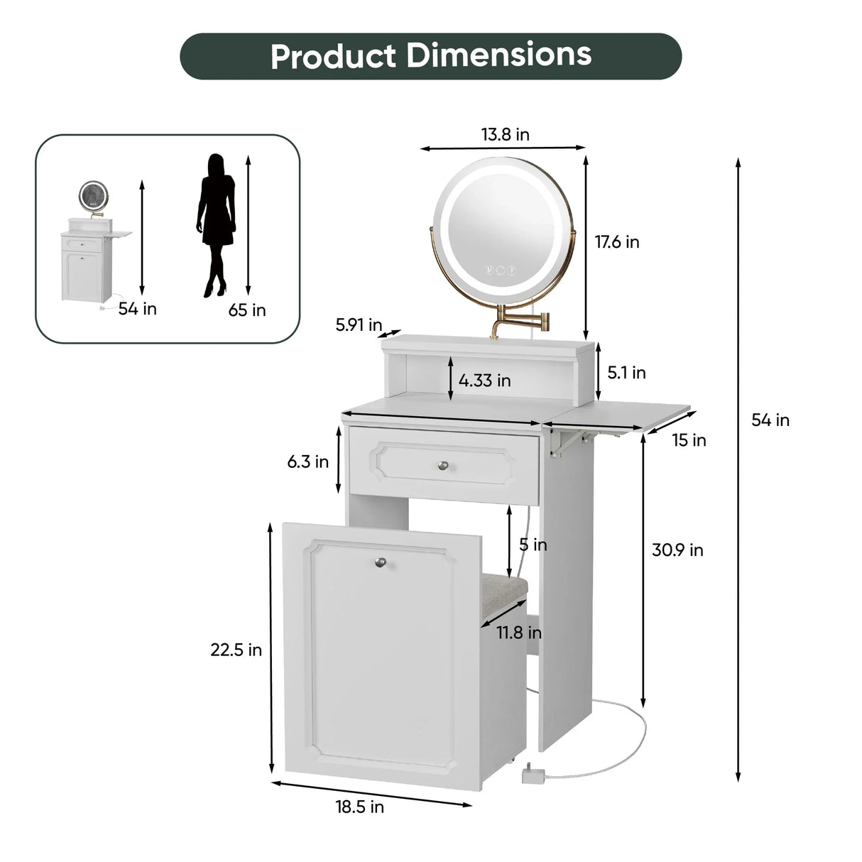 Makeup Vanity Desk With Round Mirror And Lights, 2 In 1 Nightstand, Dressing Table With A Chair - Antique White - Furniture Home Direct