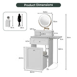 Makeup Vanity Desk With Round Mirror And Lights, 2 In 1 Nightstand, Dressing Table With A Chair - Antique White - Furniture Home Direct