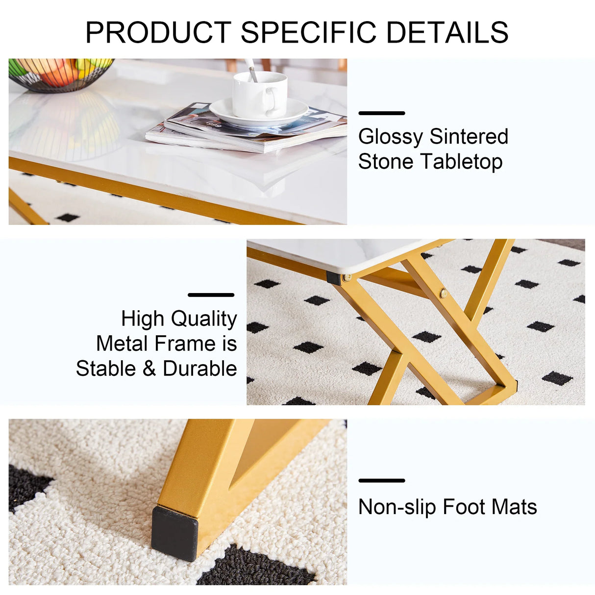 Coffee Table Marble Top Contemporary With Gold Frame White - Furniture Home Direct