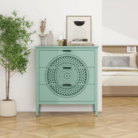 3 Drawer Storage Cabinet With Hollow Carved Design And Metal Handles, Chest For Entryway, Living Room Or Bedroom - Light Green - Furniture Home Direct
