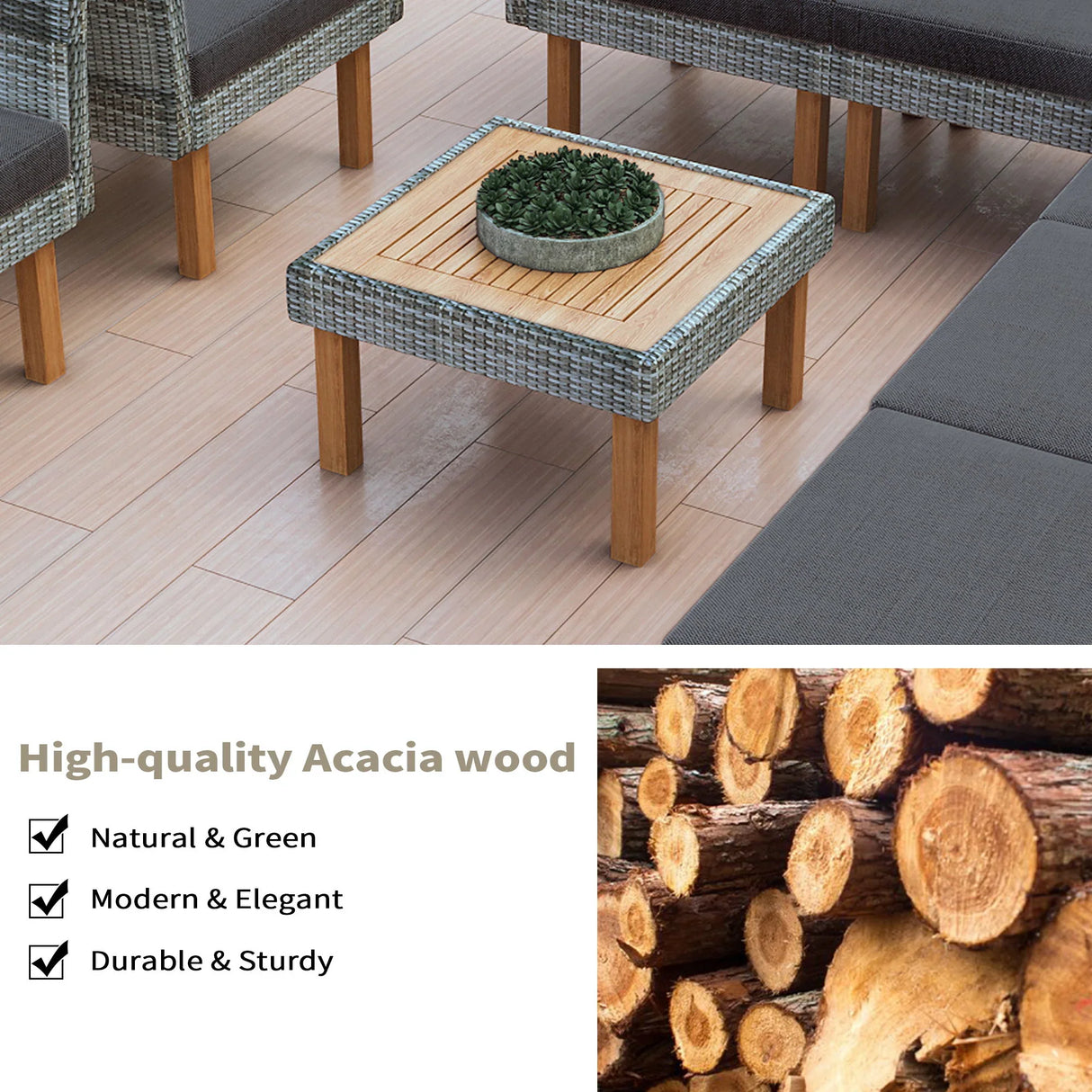 9 Piece Patio Rattan Furniture Set, Outdoor Conversation Set With Acacia Wood Legs And Tabletop, PE Rattan Sectional Sofa Set With Coffee Table, Washable Cushion - Furniture Home Direct