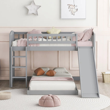 Twin Over Twin Classic Bunk Bed With Slide And Ladder - Gray - Furniture Home Direct