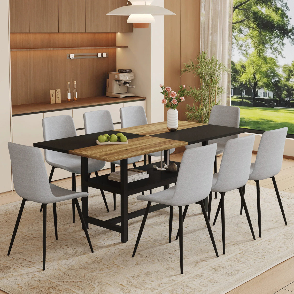Dining Set With Wooden Table And Eight Chairs Light Gray - Furniture Home Direct