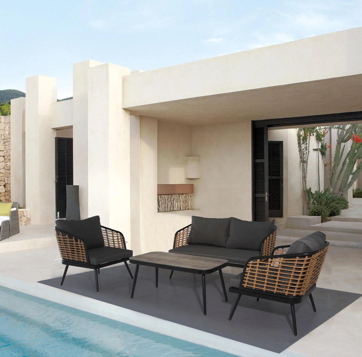 4 Pieces Patio Furniture Set, PE Rattan Wicker With Washable Cushion And Tempered Glass Tabletop, Conversation Furniture For Garden Poolside Balcony - Furniture Home Direct