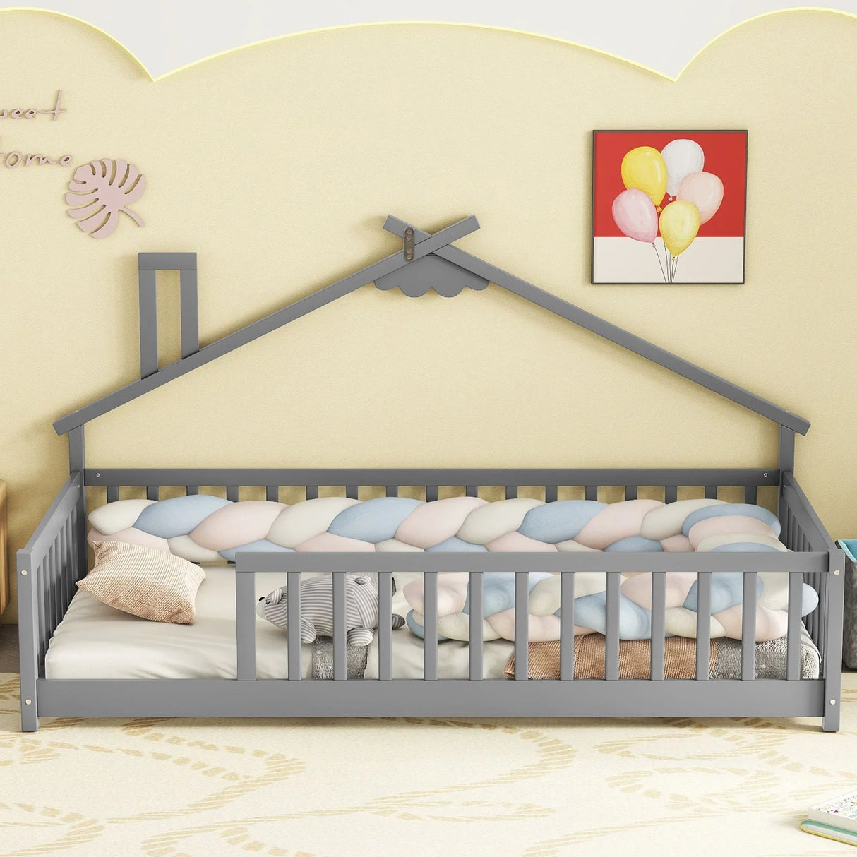 House-Shaped Bedside Floor Bed With Guardrails, Slats, Without Door - Furniture Home Direct