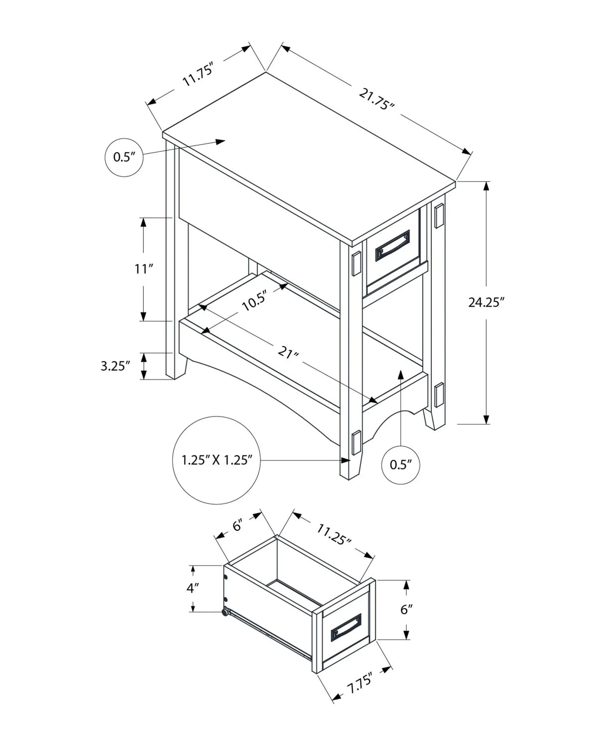 Accent End Table, 2 Tier, Narrow, Storage Drawer, Transitional - Walnut - Furniture Home Direct
