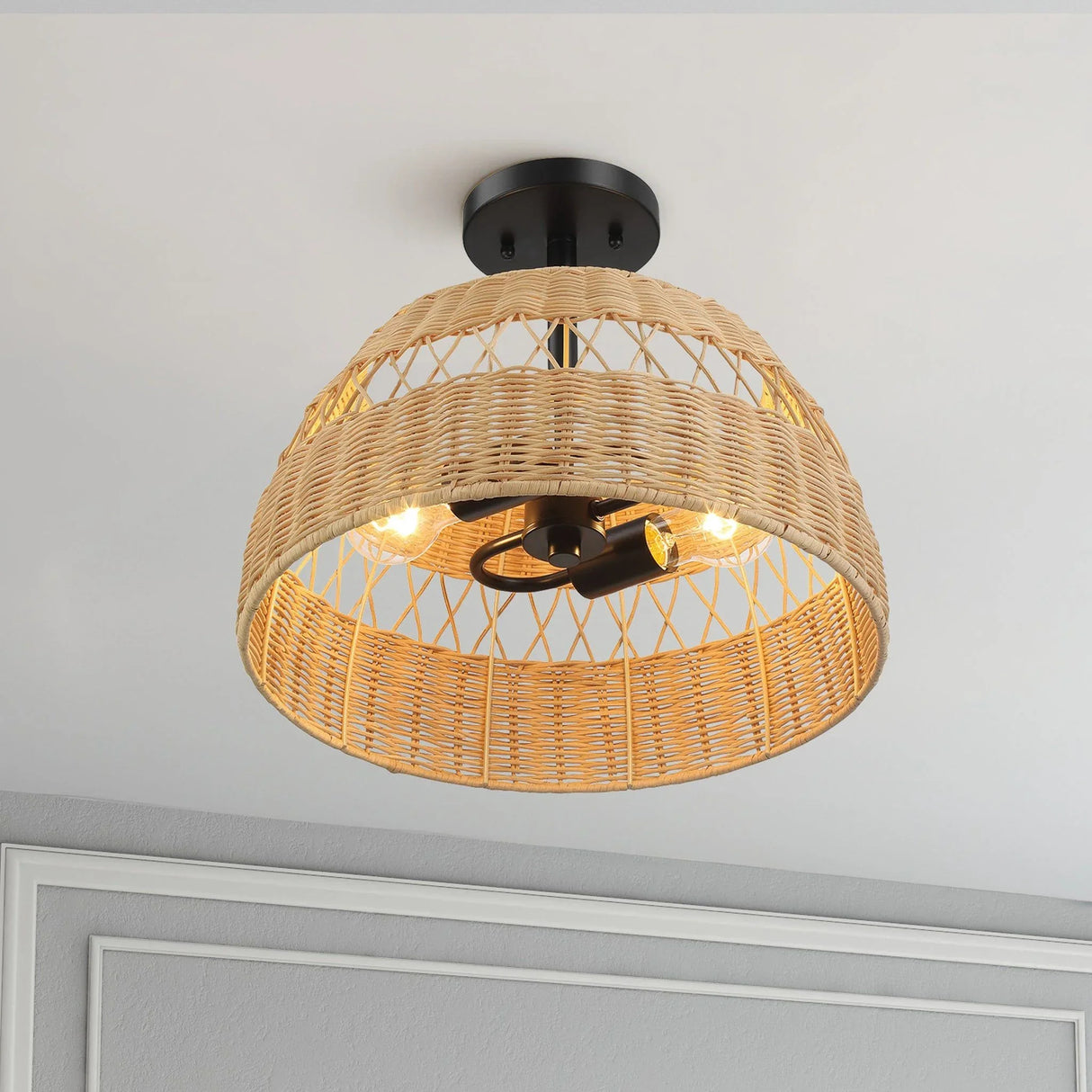 Twinkle - Double Lights Semi Flush With Shade - Black / Rattan - Furniture Home Direct