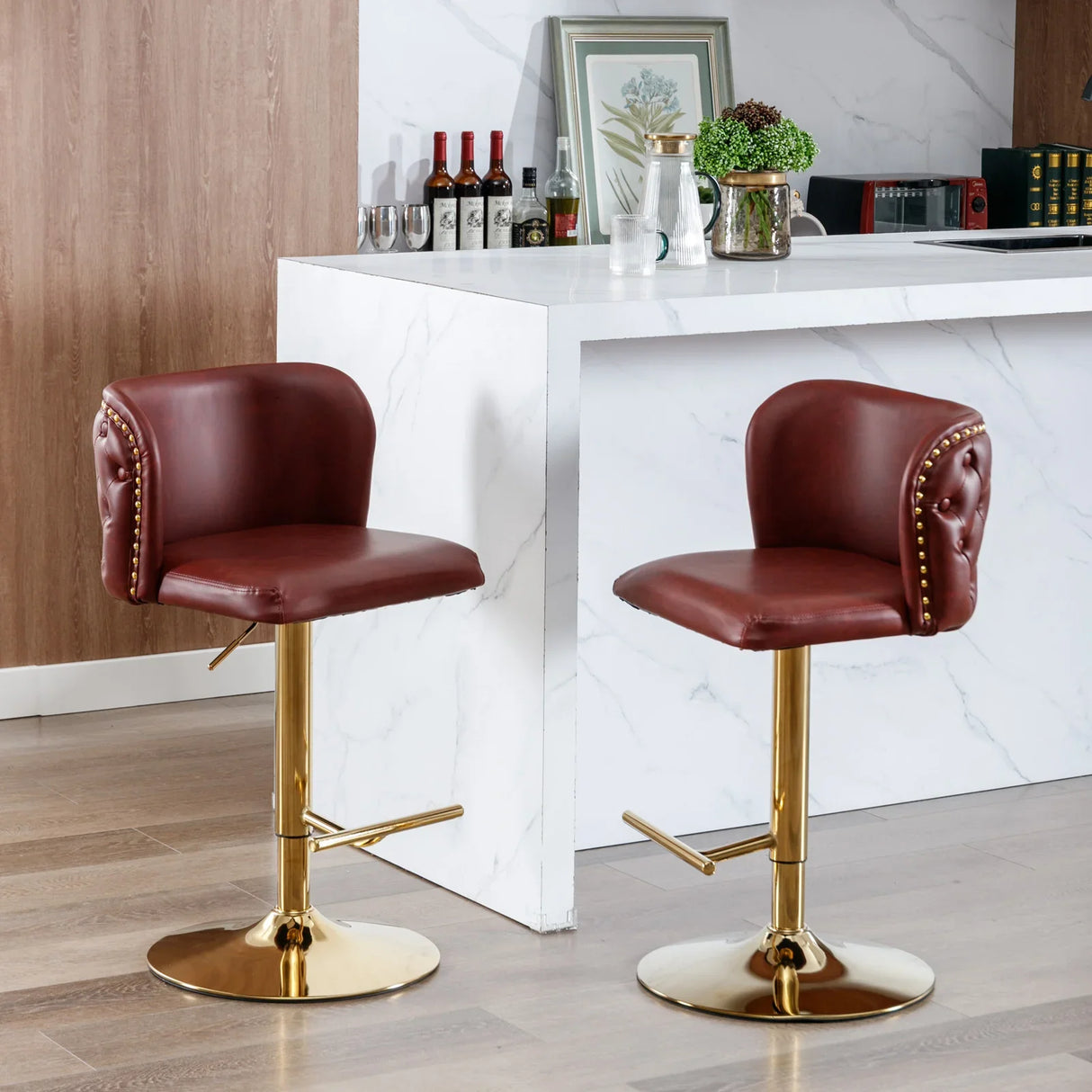 Counter Height Bar Stool Tufted Leather Swivel Burgundy - Furniture Home Direct