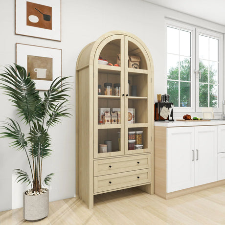 Tall Arched Kitchen Pantry, Modern Farmhouse Wood Kitchen Storage Cabinets, Arched Storage Display Cabinet With Adjustable Shelves, Versatile Cupboard For Kitchen, Dining Room, Living Room - Natural - Furniture Home Direct