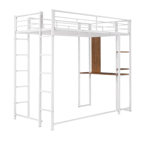 Hearth & Haven - Twin Metal Loft Bed With 2 Shelves And One Desk - White - Furniture Home Direct