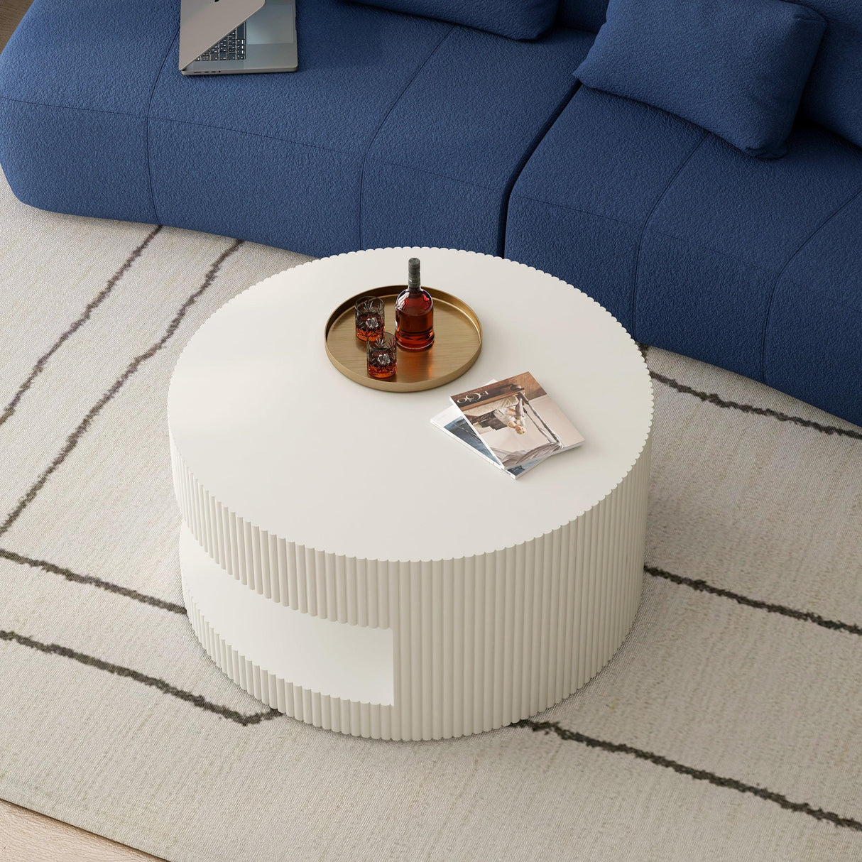 Coffee Table Round Modern Fluted Storage Shelf White - Furniture Home Direct