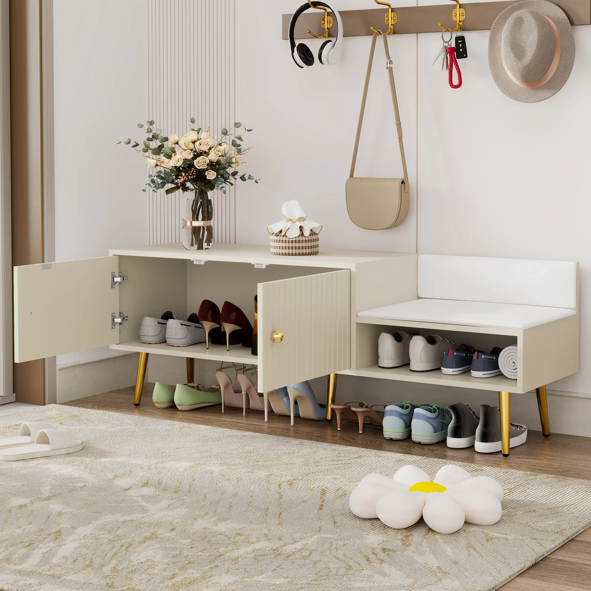 Modern Shoe Storage with Upholstered Cushions - Antique White - Furniture Home Direct