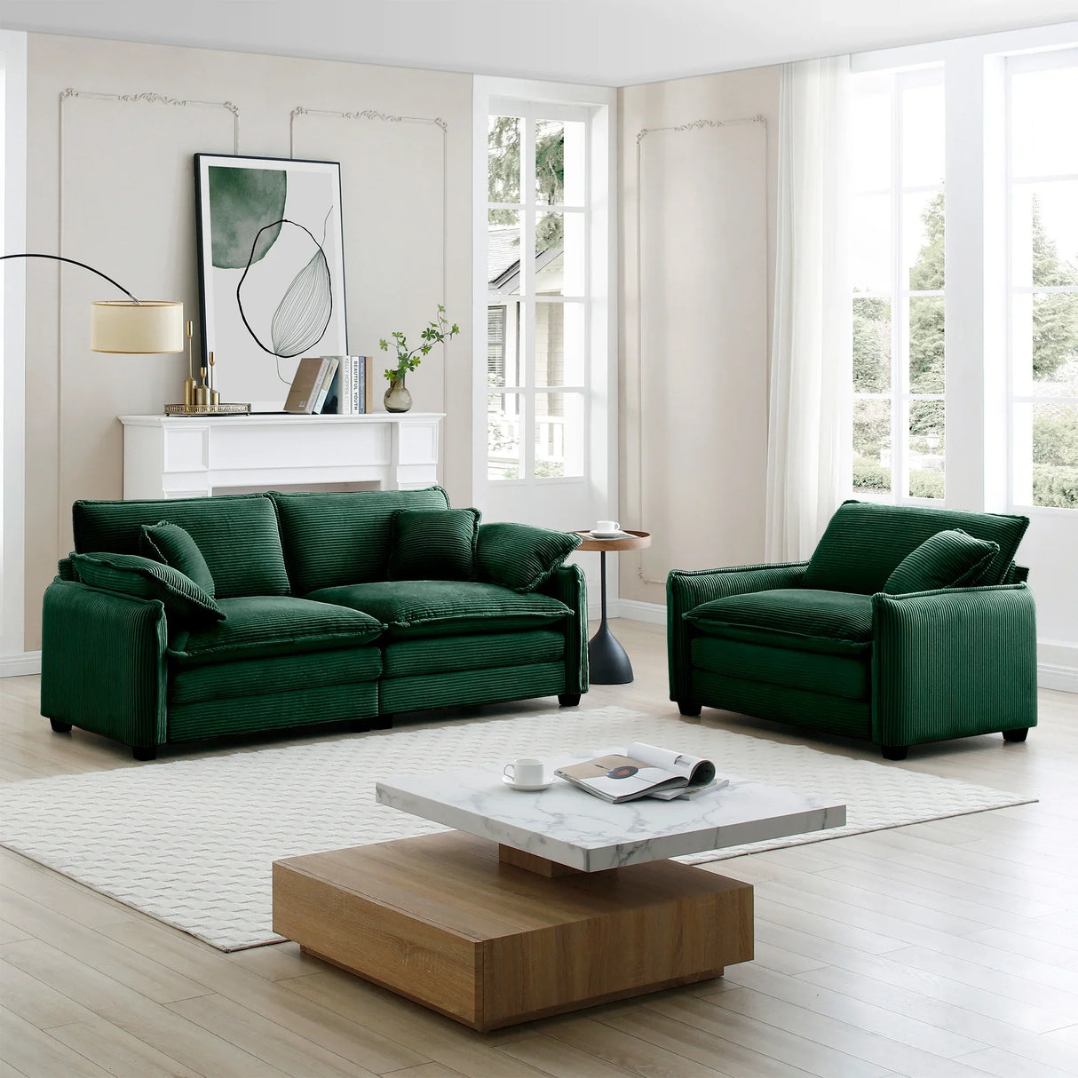 Loveseat and Chair Set - Green Corduroy - Furniture Home Direct