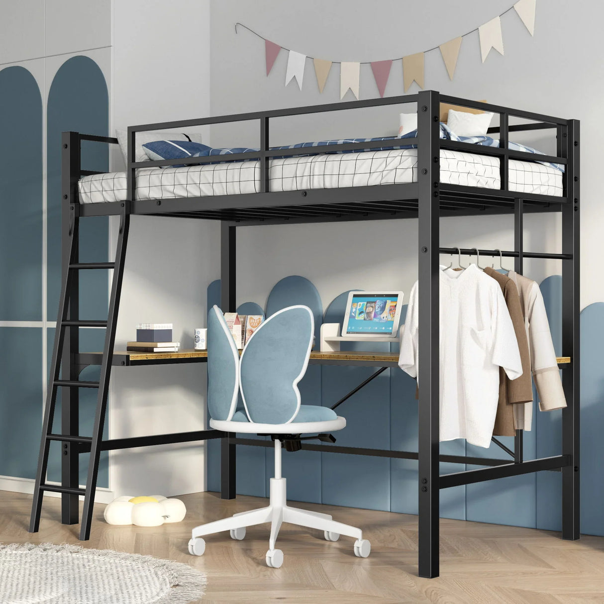 Twin Metal Loft Bed With L - Shaped Desk, Charging Station Loft Bed Frame Twin Size, Safety Guard & Ladder, No Box Spring Needed - Black - Furniture Home Direct