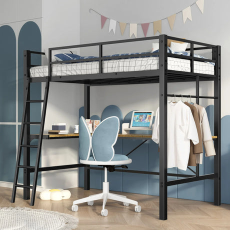 Twin Metal Loft Bed With L - Shaped Desk, Charging Station Loft Bed Frame Twin Size, Safety Guard & Ladder, No Box Spring Needed - Black - Furniture Home Direct