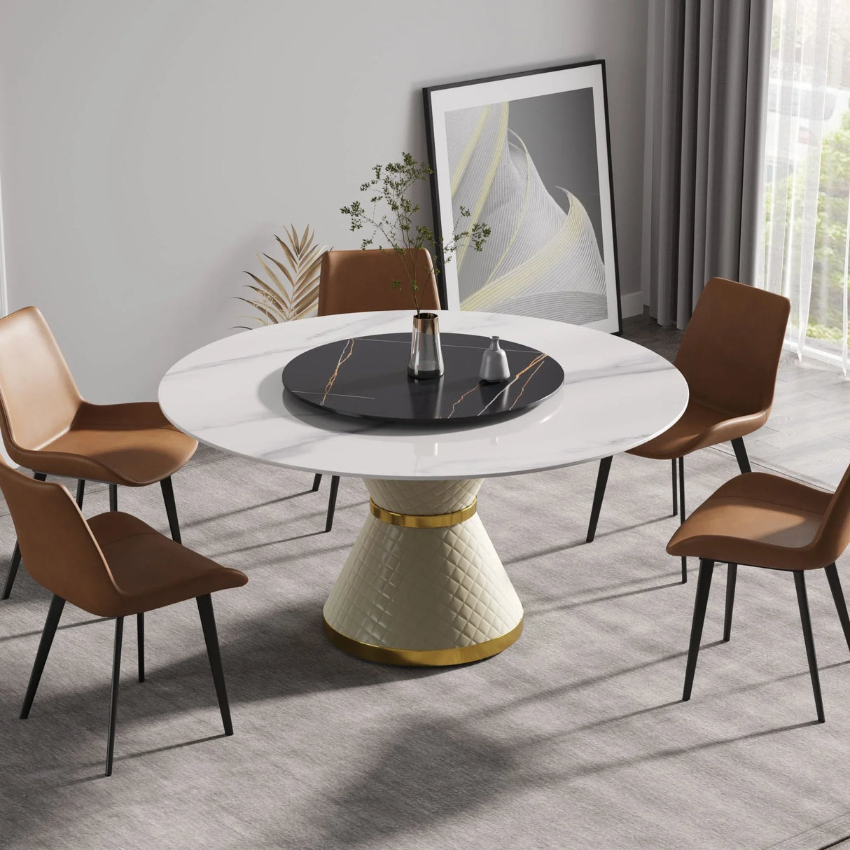 Modern Artificial Stone Round Carbon Steel Base Dining Table, Artificial Stone Turntable - Furniture Home Direct
