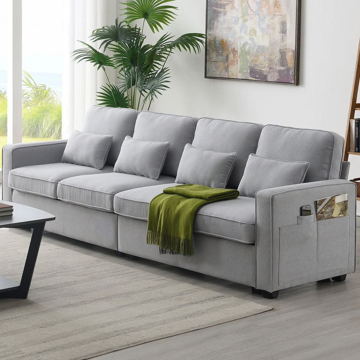 4 Seater Modern Linen Sofa With Armrest Pockets And 4 Pillows, Minimalist Style Couch For Living Room - Furniture Home Direct