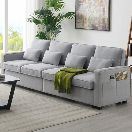 4 Seater Modern Linen Sofa With Armrest Pockets And 4 Pillows, Minimalist Style Couch For Living Room - Furniture Home Direct