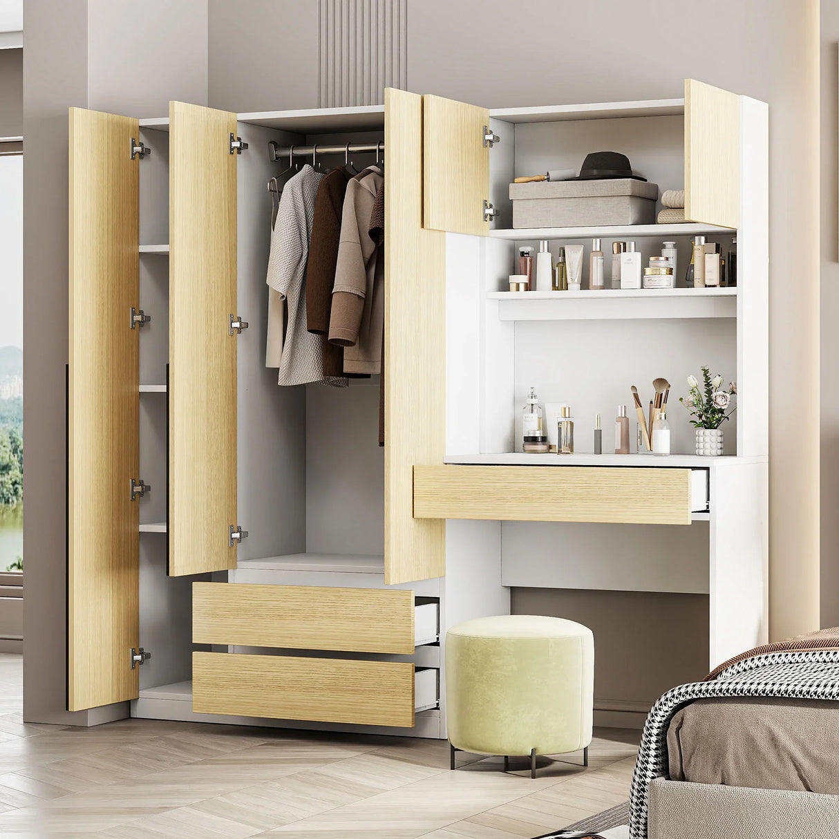 3 Door Storage Desk Wardrobe For Bedroom With Shelves And 3 Drawers - Furniture Home Direct