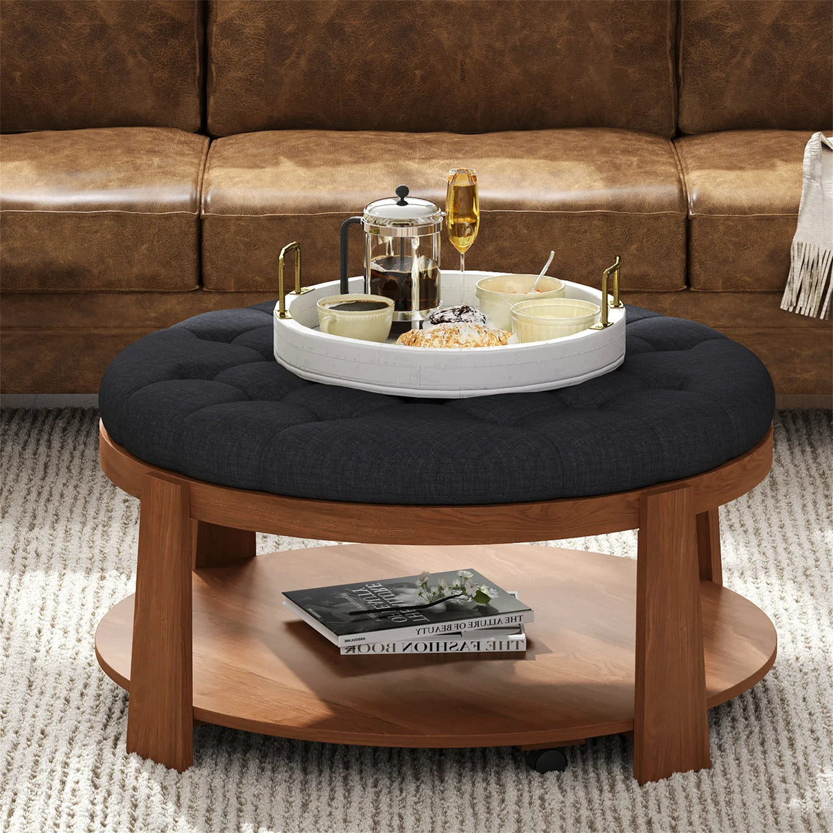 Round Ottoman Coffee Table Oversized Tufted Wood Base Black - Furniture Home Direct