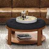 Round Ottoman Coffee Table Oversized Tufted Wood Base Black - Furniture Home Direct