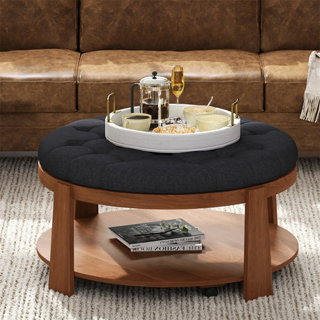 Round Ottoman Coffee Table Oversized Tufted Wood Base Black - Furniture Home Direct