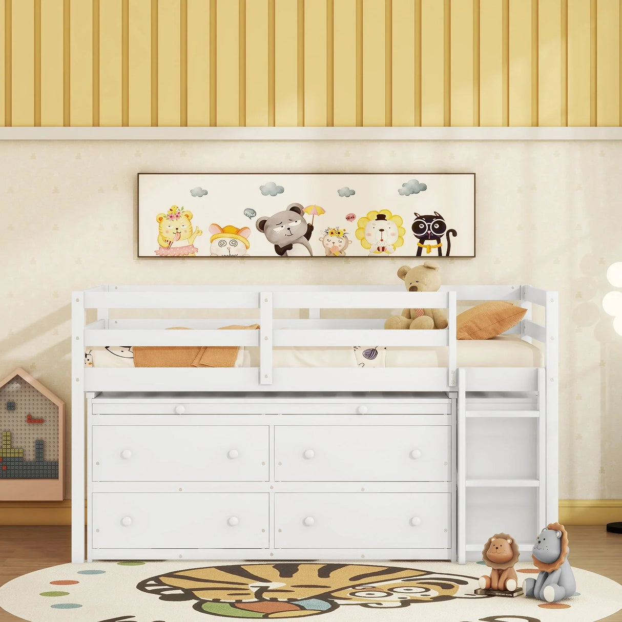 Loft Bed With Retractable Writing Desk And 4 Drawers, With Lateral Portable Desk And Shelves - Furniture Home Direct