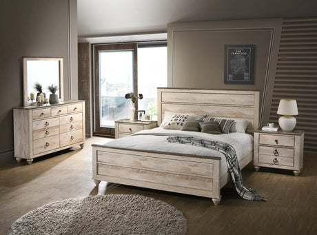 Bedroom Set 5 Piece Queen Bed Distressed Finish White Wash - Furniture Home Direct