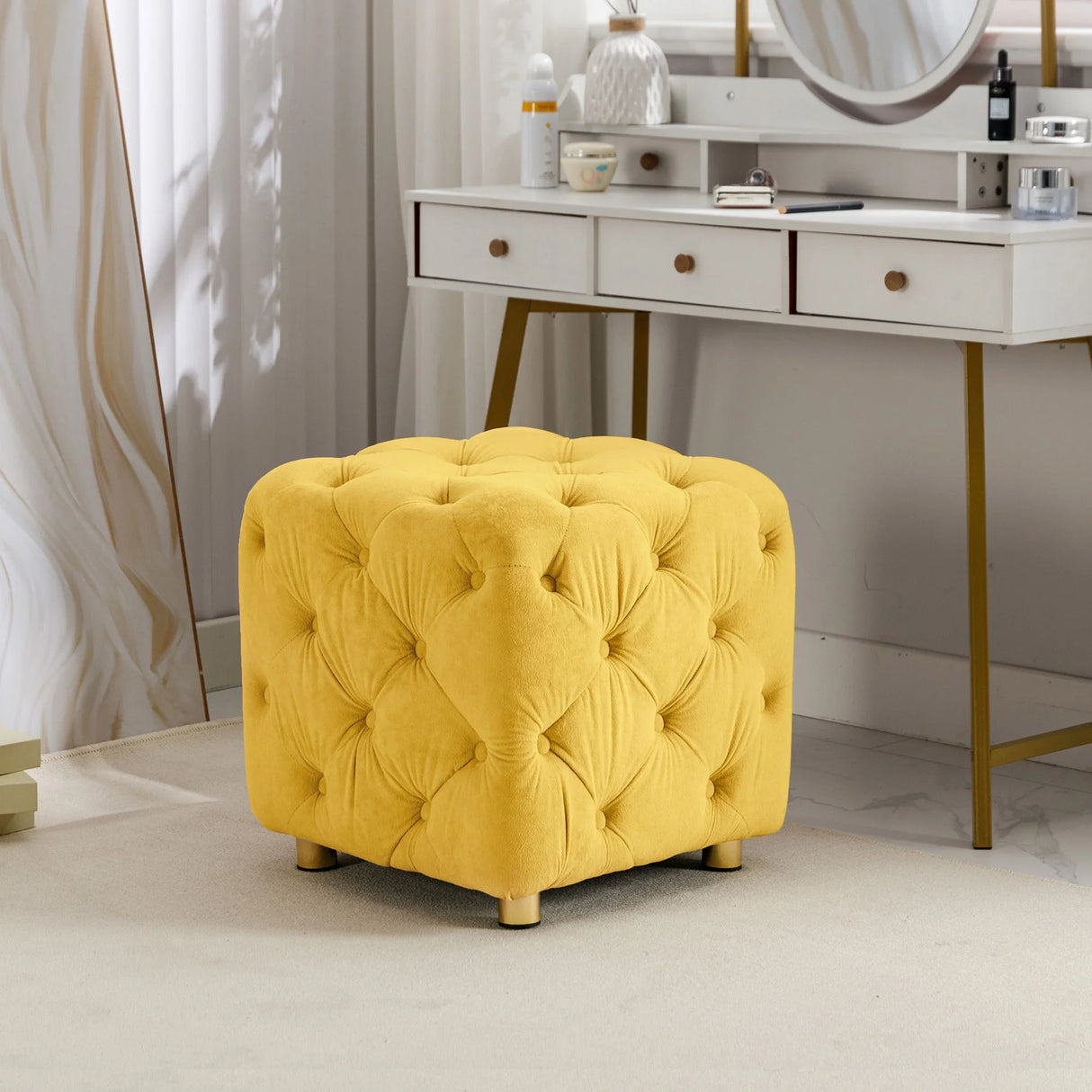 Modern Velvet Upholstered Ottoman, Exquisite Small End Table, Soft Foot Stool, Dressing Makeup Chair, Comfortable Seat For Living Room, Bedroom, Entrance - Furniture Home Direct