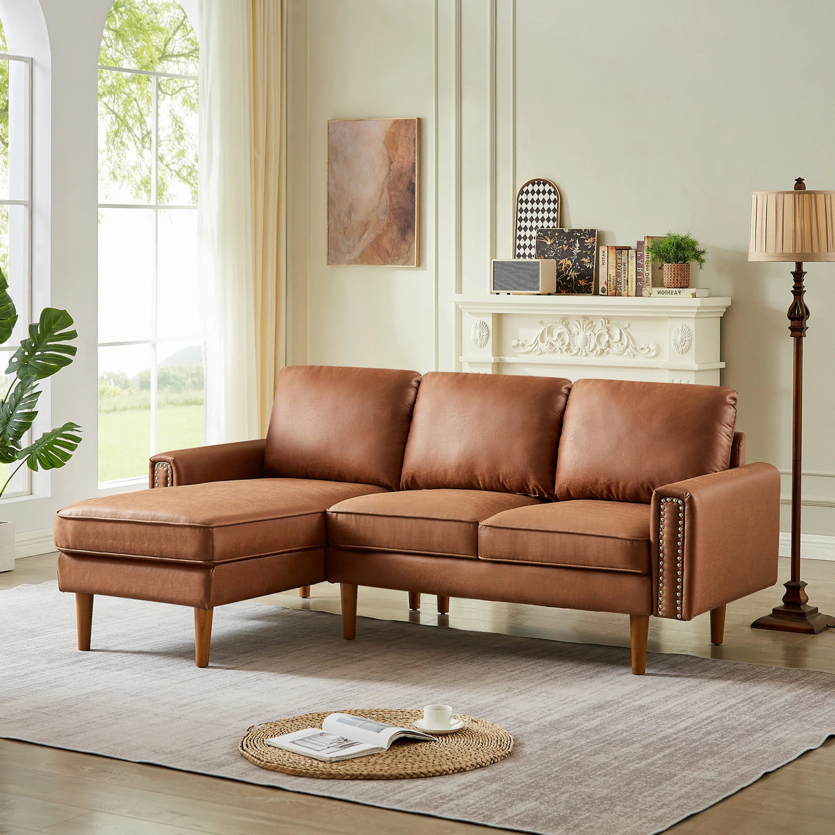 82.2" Suede Sofa with Left Facing Chaise, Brown - Furniture Home Direct