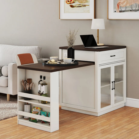Extendable Kitchen Island With Slide Out Table And Storage Racks For 2 - 6 Person, Power Outlet, Bar, Prep Station - Creamy White / Walnut - Furniture Home Direct