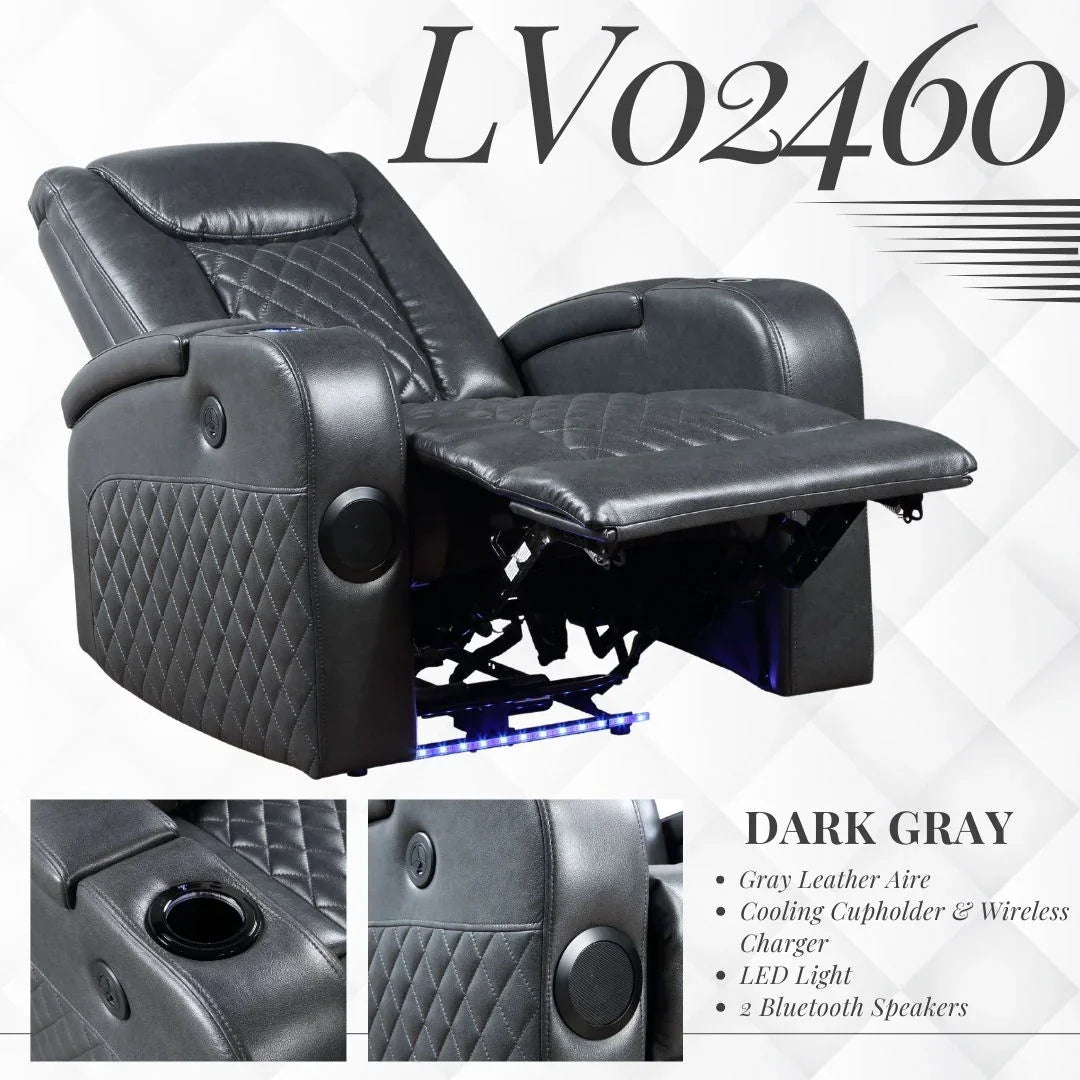 Alair - Leather Aire Power Motion Recliner With Bluetooth, Wireless Charger Cupholder - Dark Gray - Furniture Home Direct