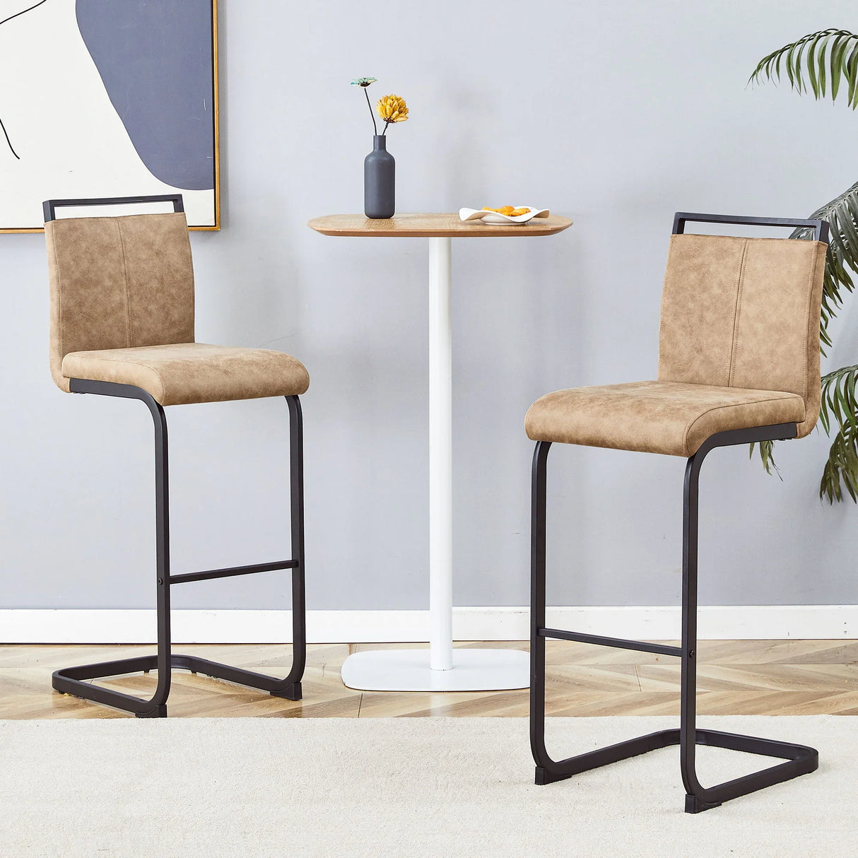 Modern Tech Fabric Bar Stool (Set of 2) With Metal Legs 42.5" Tall For Home Bar & Restaurant - Black / Brown - Furniture Home Direct