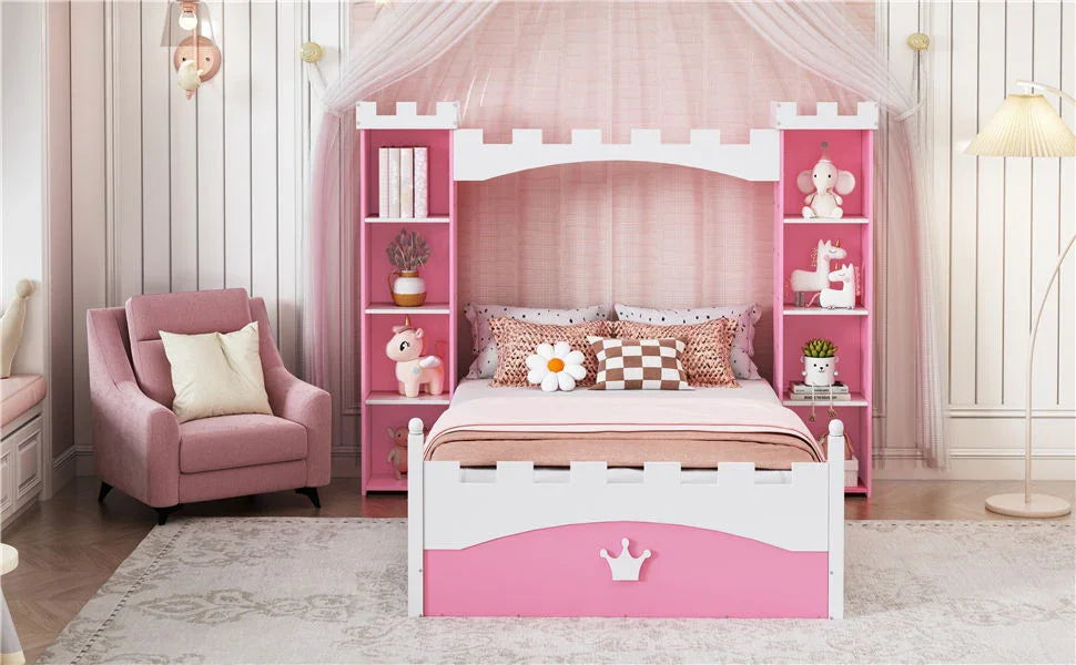 Castle Shaped Bed With Storage Shelf, Dreamy Platform Bed For Kids Bedroom - Furniture Home Direct