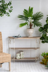3 Tiered Wooden Shelving Unit With Ornate Iron Frame - Multicolor - Furniture Home Direct