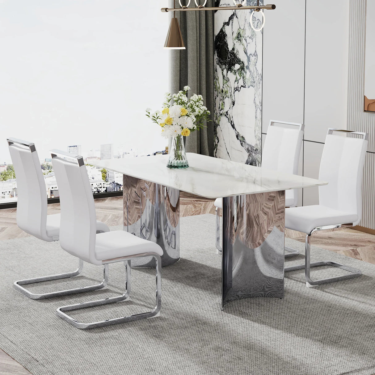 Dining Table Modern Faux Marble Top Chrome Base White - Furniture Home Direct