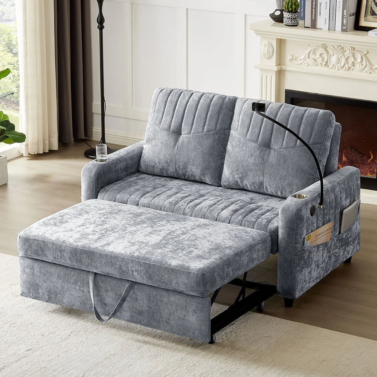 Modern Loveseat Pull Out Sofa Bed With Adjustable Backrest, Two Cup Holders, A Phone Holder, Three Charging Ports And Side Storage Pockets For Living Room - Furniture Home Direct