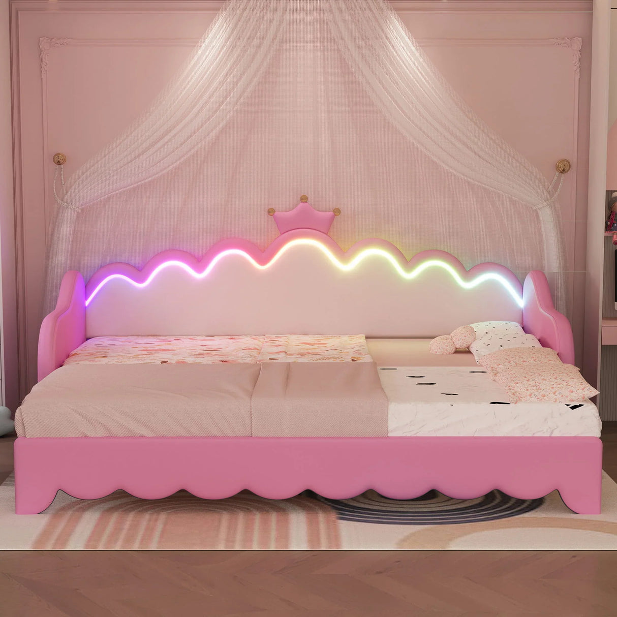 Extending Daybed With LED Lights, Modern Upholstered Princess Daybed With Crown Headboard - Furniture Home Direct