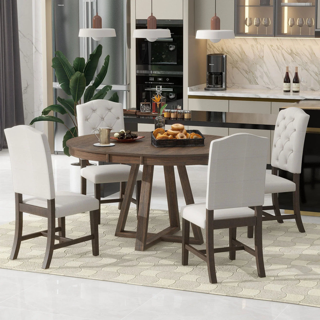 Retro Functional Dining Set, Round Table With Leaf And Upholstered Chairs For Dining Room And Living Room - Furniture Home Direct