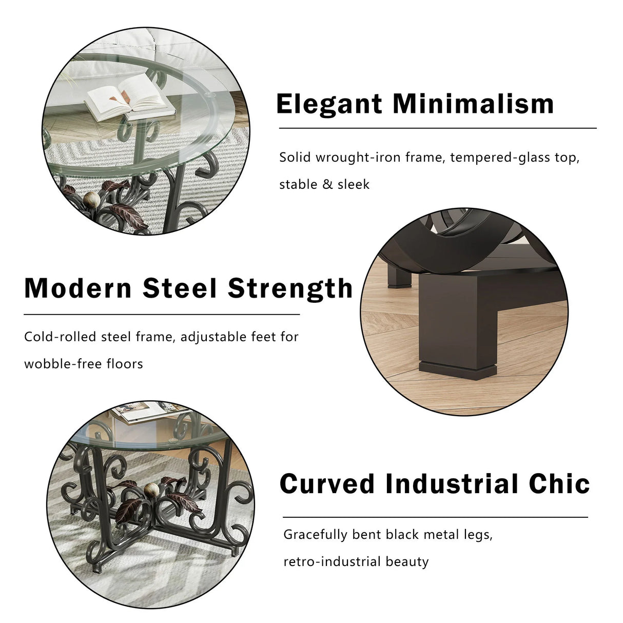3 Piece Coffee Table Set With Tempered Glass Surface - Black - Furniture Home Direct
