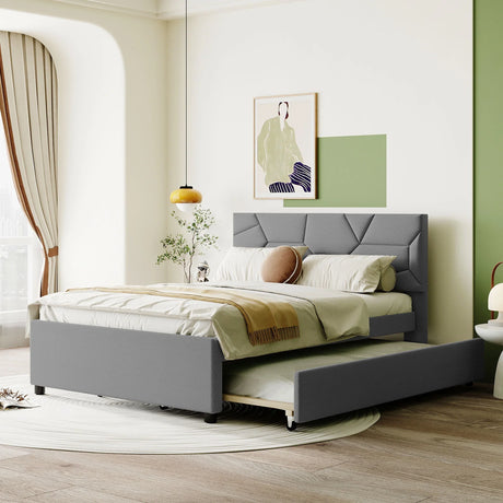 Upholstered Platform Bed With Brick Pattern Headboard And Twin Long Size Trundle - Furniture Home Direct