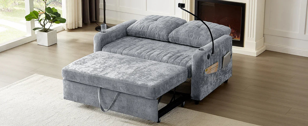 Sleeper Sofa With Adjustable Backrest, Two Cup Holders, Phone Holder, Three Charging Ports And Side Storage Pockets - Gray - Furniture Home Direct