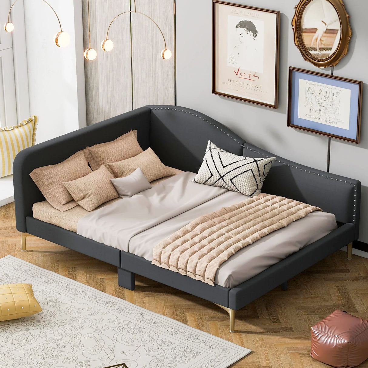 Upholstered Daybed With Headboard And Armrest, Support Legs - Furniture Home Direct
