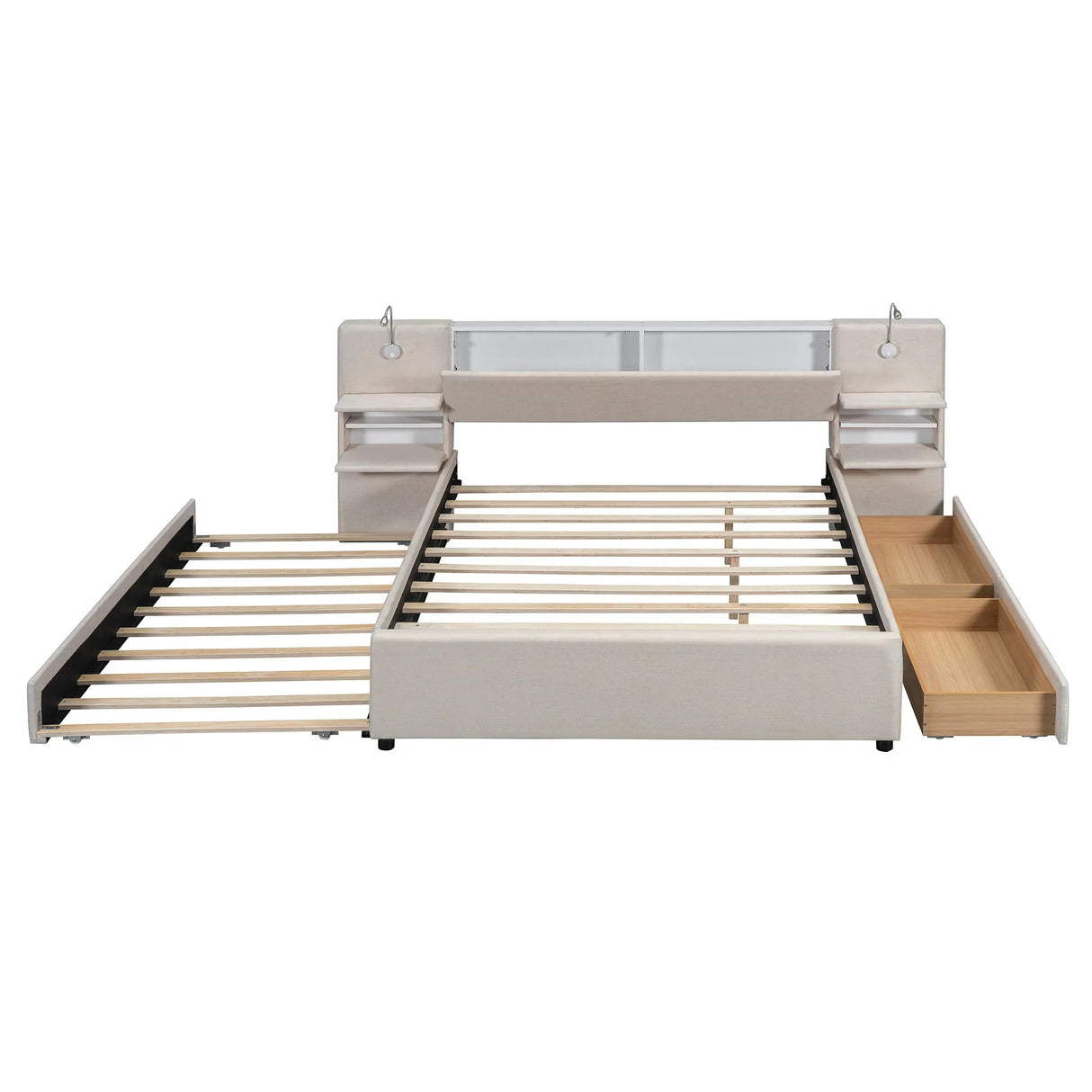 Upholstered Platform Bed With Reading Lights, Drawers, Trundle And Shelves - Furniture Home Direct
