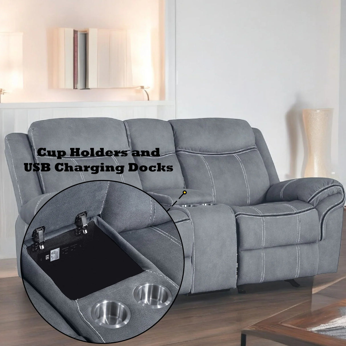 Zubaida - Two Tone Velvet Recliner Loveseat With USB Port Console - Furniture Home Direct