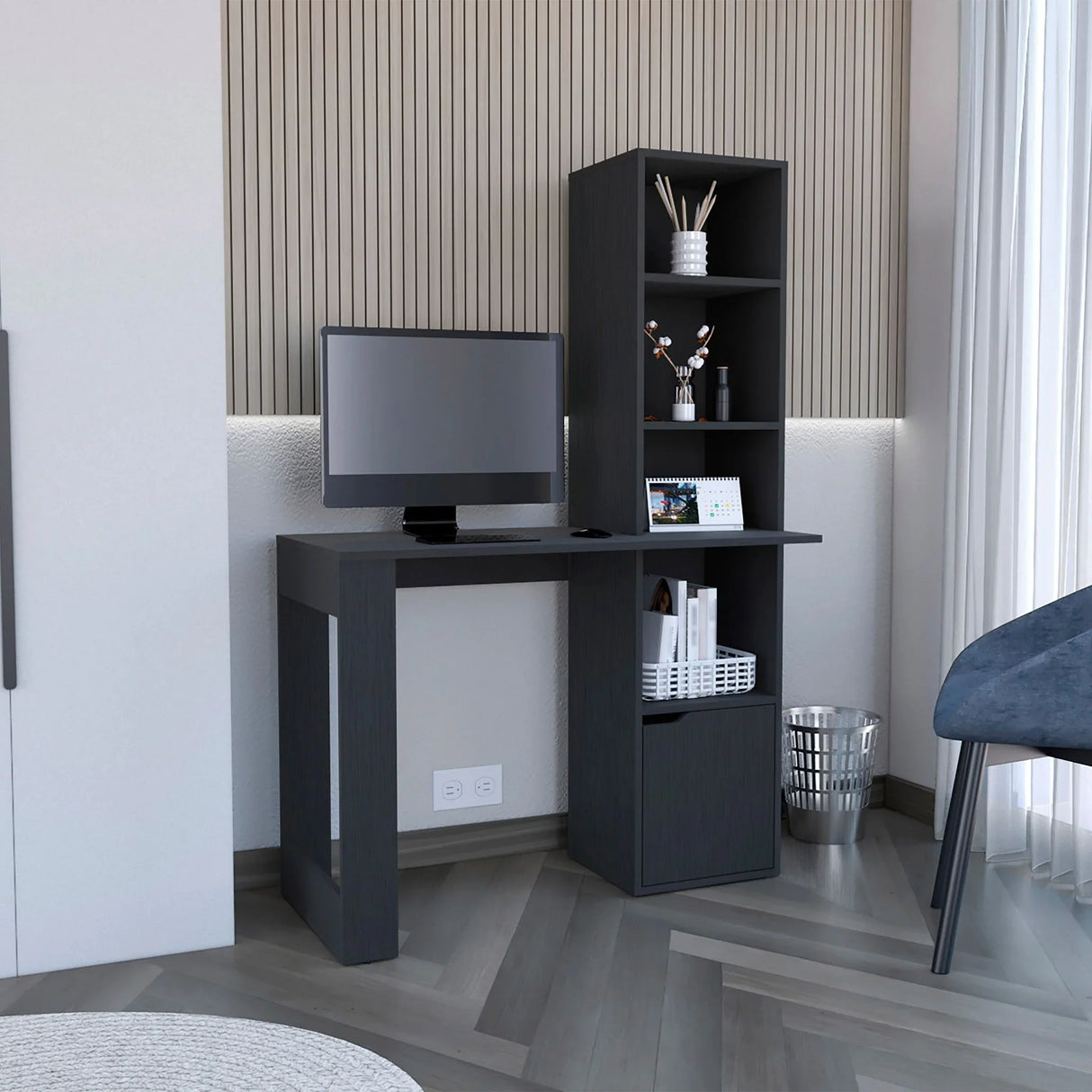 Writing Desk With Bookcase And Cabinet - Black - Furniture Home Direct