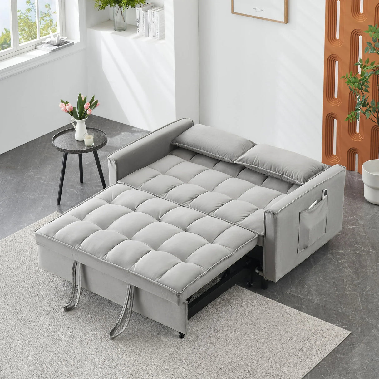 Modern Velvet Sofa, Sofa Pull-Out Bed, Small Love Seat Casual Sofa With Back, With Pillow, Pockets, Living Room Furniture, 3 In 1 Convertible Sleep Sofa Bed - Furniture Home Direct