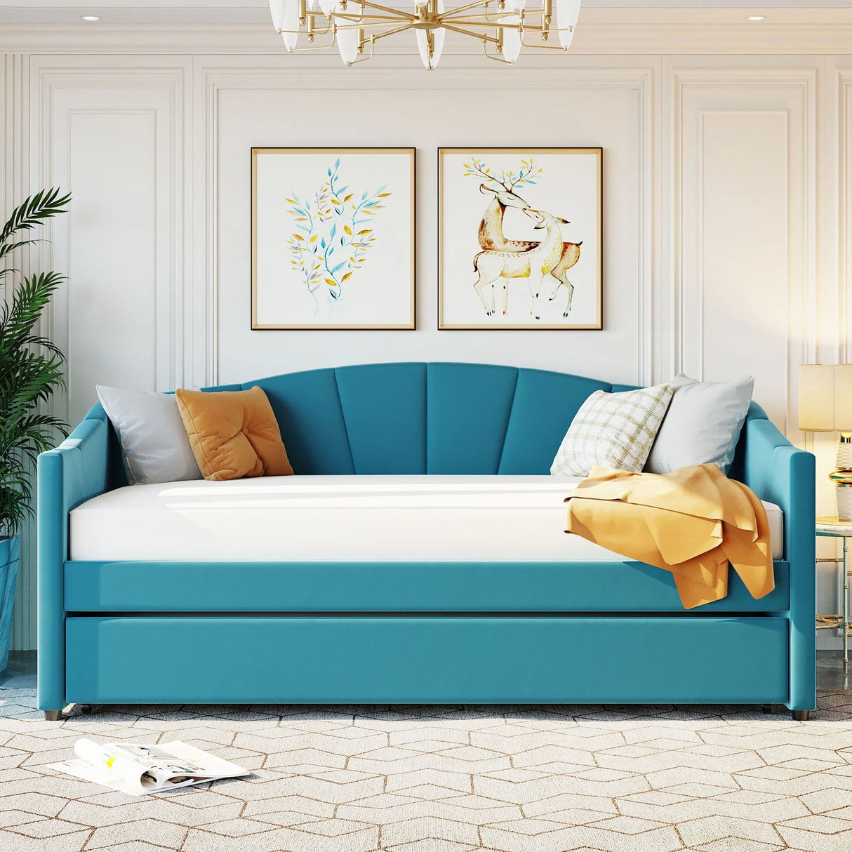 Upholstered Daybed Sofa Bed With Trundle Bed And Wood Slat - Furniture Home Direct