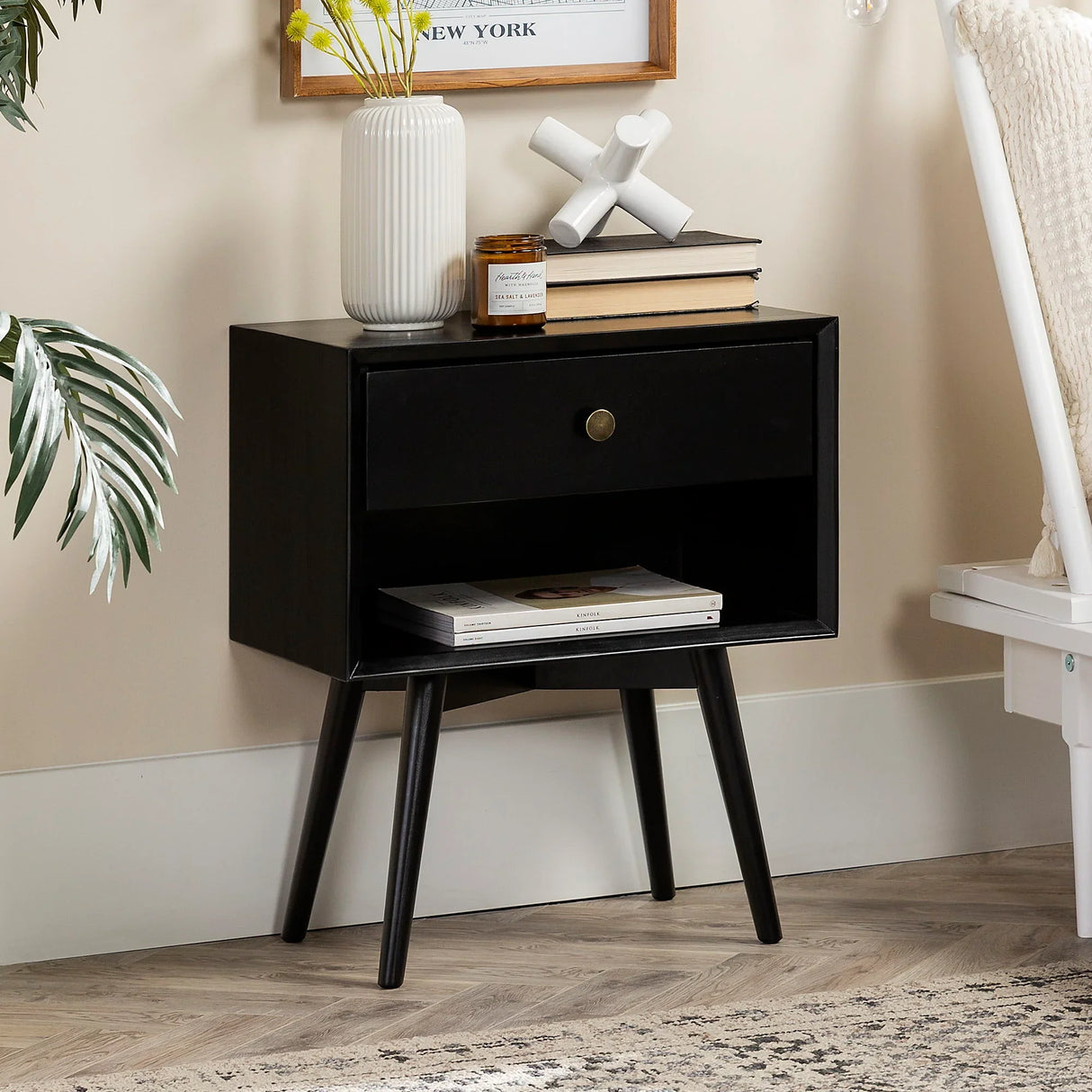 Mid-Century Modern Single Drawer Solid Wood Nightstand - Furniture Home Direct